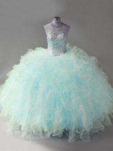 Sleeveless Floor Length Beading and Ruffles Lace Up Quince Ball Gowns with Light Blue