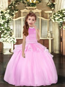 Halter Top Sleeveless Pageant Dress for Teens Floor Length Beading Lilac Organza