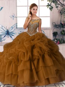 Classical Sleeveless Organza Brush Train Zipper 15th Birthday Dress in Brown with Beading and Pick Ups