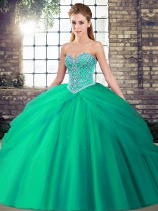 Turquoise Lace Up Sweetheart Beading and Pick Ups Ball Gown Prom Dress Tulle Sleeveless Brush Train