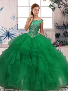 High End Green Ball Gowns Scoop Sleeveless Organza Floor Length Zipper Beading and Ruffles Vestidos de Quinceanera