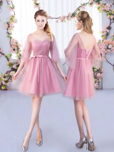 Elegant Pink Lace Up Vestidos de Damas Appliques and Belt Half Sleeves Mini Length