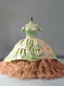 Glittering Sleeveless Embroidery and Ruffles Lace Up Quinceanera Dresses with Multi-color Chapel Train