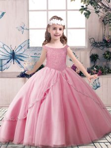 Ball Gowns Little Girls Pageant Gowns Rose Pink Off The Shoulder Tulle Sleeveless Floor Length Lace Up