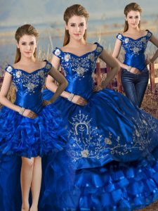 Sleeveless Satin and Organza Floor Length Lace Up Custom Made in Royal Blue with Embroidery and Ruffled Layers