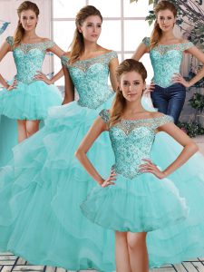 Custom Design Aqua Blue Ball Gowns Beading and Ruffles Quinceanera Gowns Lace Up Tulle Sleeveless Floor Length