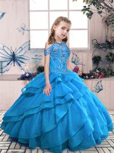 Floor Length Ball Gowns Sleeveless Aqua Blue Pageant Dress Lace Up