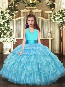 Latest Sleeveless Floor Length Ruffled Layers Lace Up Little Girls Pageant Dress with Aqua Blue