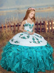 Top Selling Aqua Blue Pageant Gowns Party and Sweet 16 and Wedding Party with Embroidery and Ruffles Straps Sleeveless Lace Up