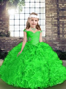 Floor Length Lace Up Kids Formal Wear Green for Party and Wedding Party with Beading and Ruffles