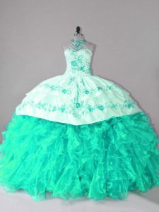 Lace Up 15th Birthday Dress Turquoise for Sweet 16 and Quinceanera with Embroidery and Ruffles Court Train