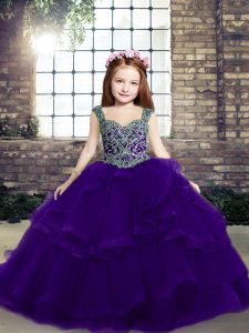 Elegant Purple Tulle Lace Up Pageant Dress for Teens Sleeveless Floor Length Beading