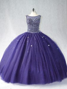 Scoop Sleeveless Sweet 16 Dress Floor Length Beading Purple Tulle