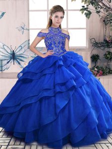 Comfortable Royal Blue Ball Gowns Organza High-neck Sleeveless Beading and Ruffled Layers Floor Length Lace Up Vestidos de Quinceanera
