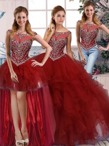 Sophisticated Burgundy Zipper Scoop Beading and Ruffles Ball Gown Prom Dress Organza Sleeveless
