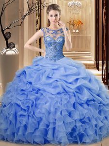 Beautiful Blue Sleeveless Floor Length Beading and Ruffles Lace Up Sweet 16 Dress