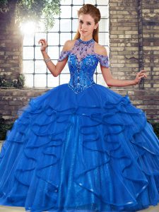 Ball Gowns Sweet 16 Dress Royal Blue Halter Top Tulle Sleeveless Floor Length Lace Up