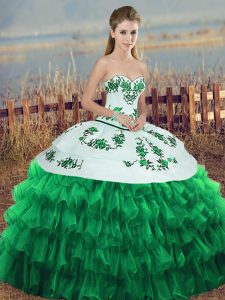 Fashionable Green Sleeveless Floor Length Embroidery and Ruffled Layers and Bowknot Lace Up Sweet 16 Dress