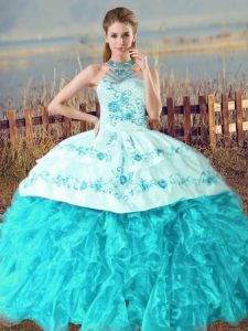 Organza Halter Top Sleeveless Court Train Lace Up Embroidery and Ruffles Sweet 16 Dresses in Aqua Blue