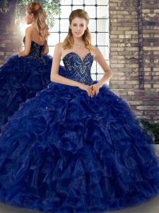 Cheap Royal Blue Sleeveless Beading and Ruffles Floor Length Ball Gown Prom Dress