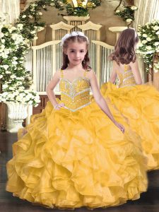 Super Gold Sleeveless Beading and Ruffles Floor Length Little Girl Pageant Dress