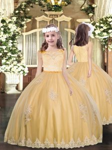 Attractive Sleeveless Floor Length Appliques Zipper Kids Formal Wear with Gold