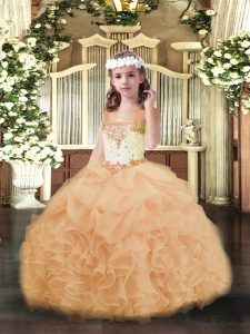 Affordable Peach Ball Gowns Organza Straps Sleeveless Beading and Ruffles and Pick Ups Floor Length Lace Up Little Girl Pageant Dress