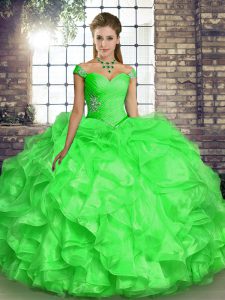 Super Organza Lace Up Off The Shoulder Sleeveless Floor Length Quinceanera Gowns Beading and Ruffles