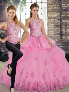 Rose Pink Tulle Lace Up Scoop Sleeveless Floor Length Quince Ball Gowns Lace and Embroidery and Ruffles