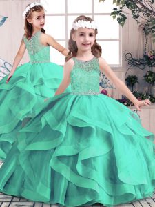 Cute Aqua Blue Ball Gowns Beading and Ruffles Kids Formal Wear Lace Up Tulle Sleeveless Floor Length
