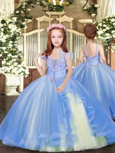Blue Tulle Lace Up Little Girl Pageant Gowns Sleeveless Floor Length Beading