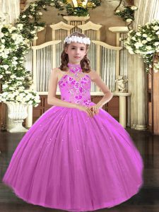 Floor Length Lace Up Winning Pageant Gowns Lilac for Party and Sweet 16 and Wedding Party with Appliques