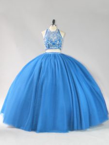 Strapless Sleeveless Sweet 16 Dresses Floor Length Beading Blue Tulle