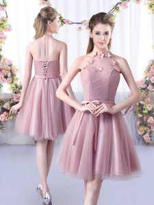 Decent Pink A-line Appliques and Belt Dama Dress Lace Up Tulle Sleeveless Knee Length