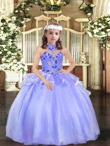 Halter Top Sleeveless Lace Up Little Girls Pageant Gowns Lavender Organza