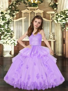 Lavender Straps Neckline Appliques Girls Pageant Dresses Sleeveless Lace Up