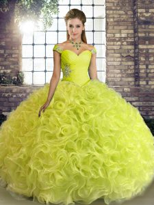 Chic Off The Shoulder Sleeveless Fabric With Rolling Flowers Quince Ball Gowns Beading Lace Up