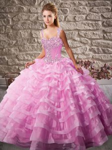 Free and Easy Pink Sleeveless Court Train Beading and Ruffled Layers Floor Length Sweet 16 Dresses