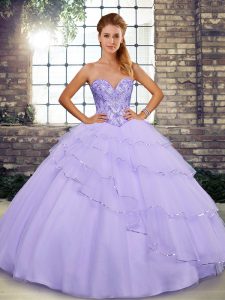 High Quality Sweetheart Sleeveless Brush Train Lace Up 15 Quinceanera Dress Lavender Tulle