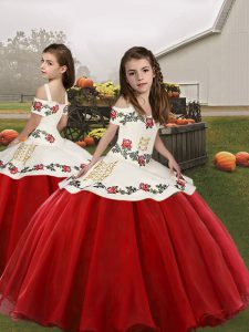Cute Red Lace Up Girls Pageant Dresses Sleeveless Floor Length Embroidery