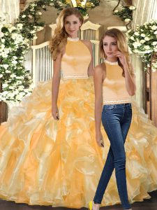 Custom Designed Gold Quinceanera Gowns Sweet 16 and Quinceanera with Beading and Ruffles Halter Top Sleeveless Backless