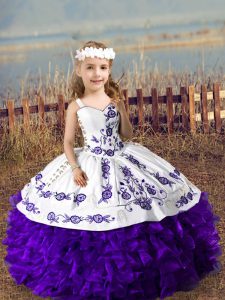 Trendy Purple Straps Lace Up Embroidery and Ruffles Custom Made Pageant Dress Sleeveless