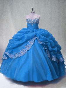 Deluxe Blue Lace Up Sweetheart Beading and Appliques and Pick Ups Sweet 16 Quinceanera Dress Organza Sleeveless