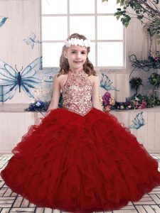 Attractive Sleeveless Lace Up Floor Length Beading and Ruffles Little Girl Pageant Dress