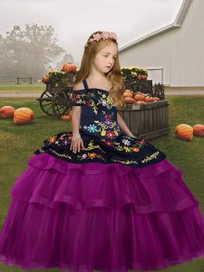 Affordable Fuchsia Straps Neckline Embroidery Little Girls Pageant Dress Wholesale Long Sleeves Lace Up