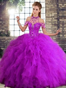 Customized Purple Sleeveless Beading and Ruffles Floor Length Quinceanera Gown