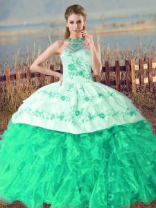 Popular Turquoise Ball Gowns Embroidery and Ruffles Sweet 16 Dress Lace Up Organza Sleeveless
