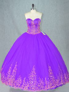 Fine Purple Ball Gowns Sweetheart Sleeveless Tulle Floor Length Lace Up Beading Sweet 16 Quinceanera Dress