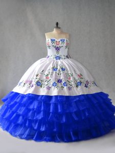 Chic Royal Blue Ball Gowns Embroidery and Ruffled Layers Quinceanera Gowns Lace Up Organza Sleeveless
