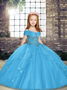 Fashionable Straps Sleeveless Tulle Pageant Gowns For Girls Beading Lace Up